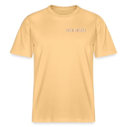 Relaxed Fit Unisex Bio-T-Shirt mit DELICATEZZA SARDINE PRINT Vorder- und Rückseite - Hellgelb