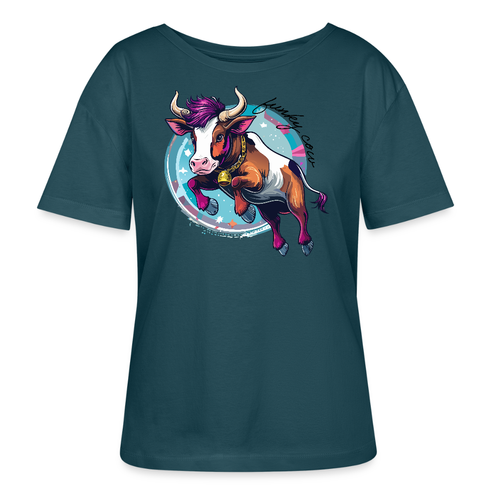 Frauen T-Shirt mit FUNKY COW PRINT - Dunkles Petrol