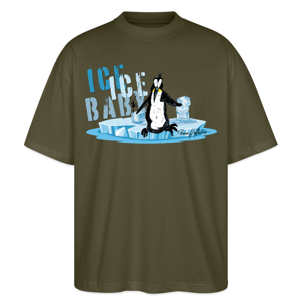 Oversized Unisex Bio T-Shirt mit ICE ICE BABY PINGUIN PRINT - Khaki