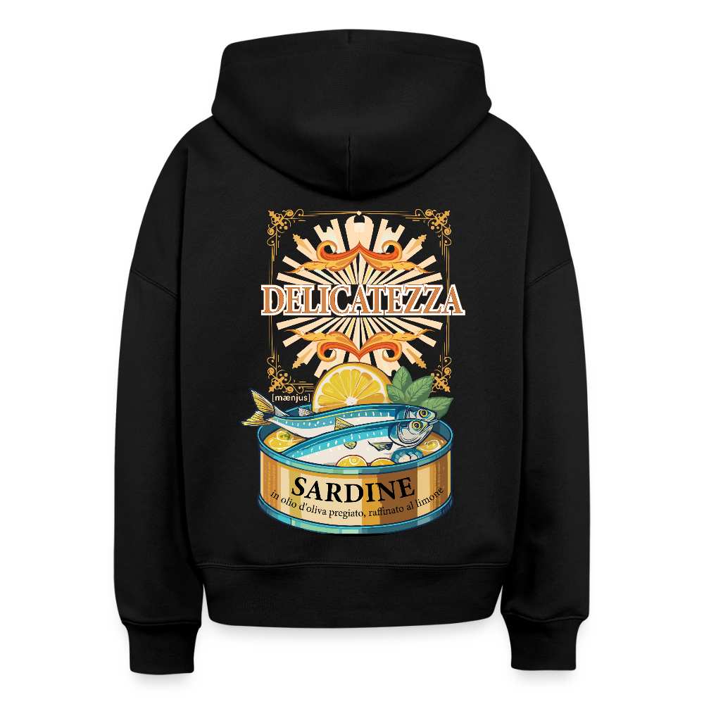 Boxy Frauen Bio Hoodie mit DELIKATEZZA SARDINE PRINT Vorder- und RÜCKSEITE - Schwarz