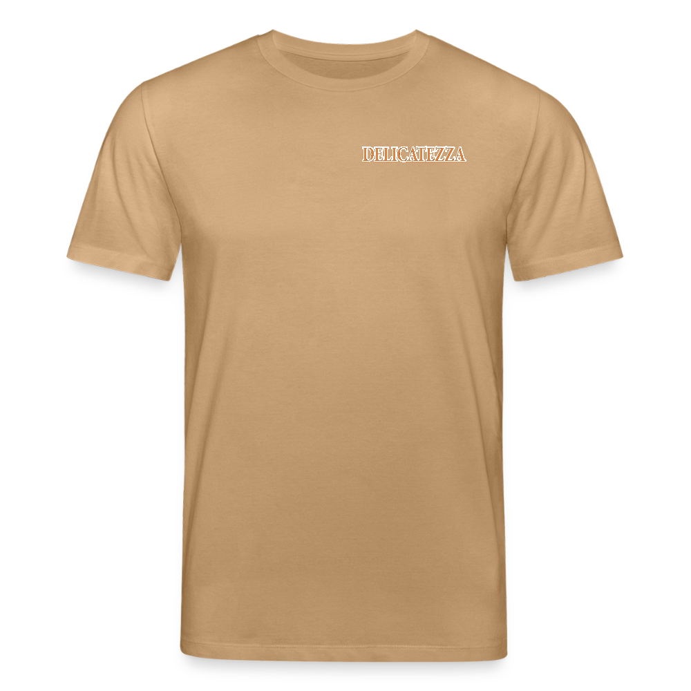 Unisex Bio-T-Shirt mit DELICATEZZA SARDINE PRINT Vorder- und Rückseite - Karamell 