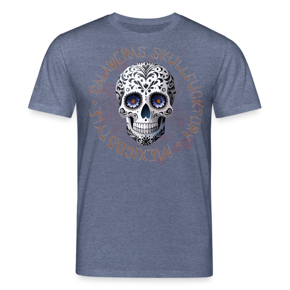 Unisex Bio-T-Shirt mit CALAVERAS SKULL PRINT Vorderseite - Dunkelblau meliert