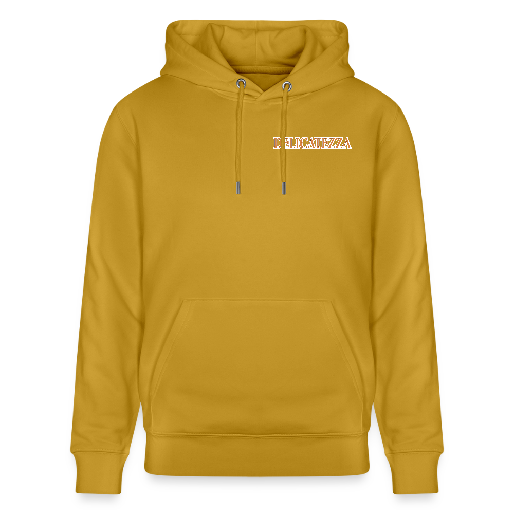 Unisex Hoodie mit DELICATEZZA SARDINE PRINT Vorder- und Rückseite - Ocker
