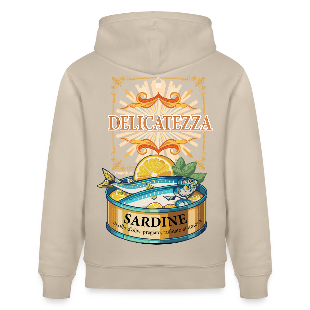 Unisex Hoodie mit DELICATEZZA SARDINE PRINT Vorder- und Rückseite - Beige