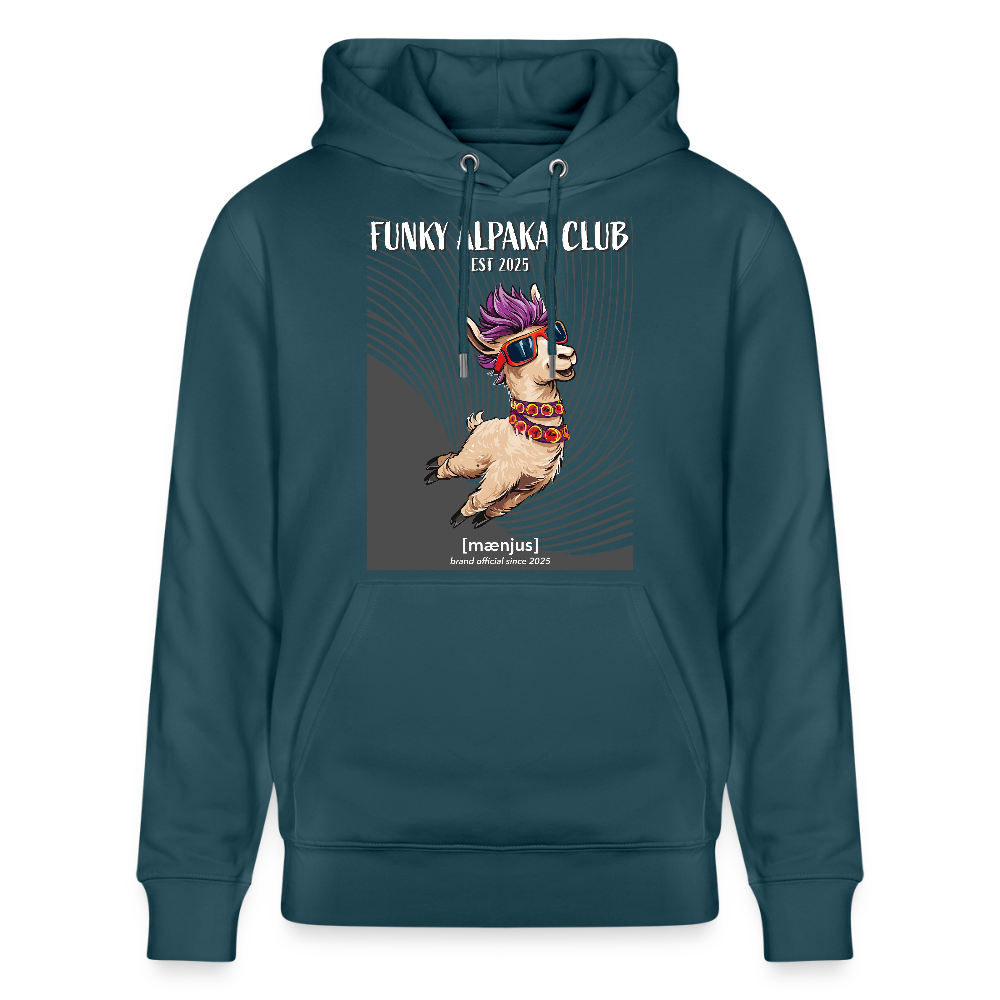 Unisex Bio-Hoodie mit FUNKY ALPAKA CLUB PRINT Vorderseite - Dunkles Petrol