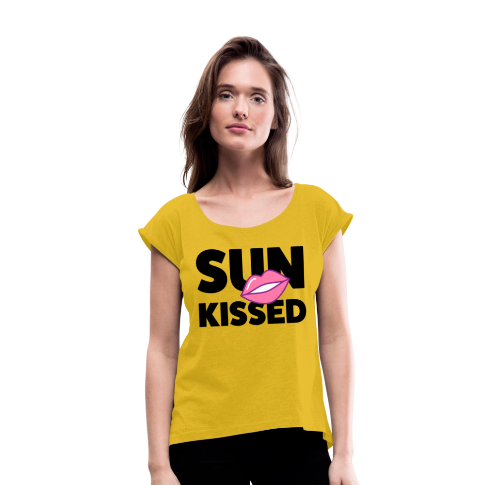 Frauen T-Shirt mit gerollten Ärmeln mit SUN KISSED PRINT - Senfgelb
