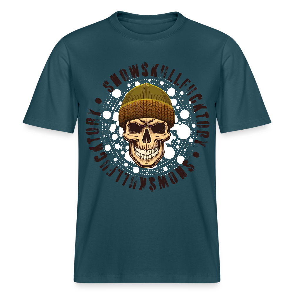Relaxed Fit Unisex Bio-T-Shirt mit SNOWSKULL FUCKTORY PRINT Vorderseite - Dunkles Petrol