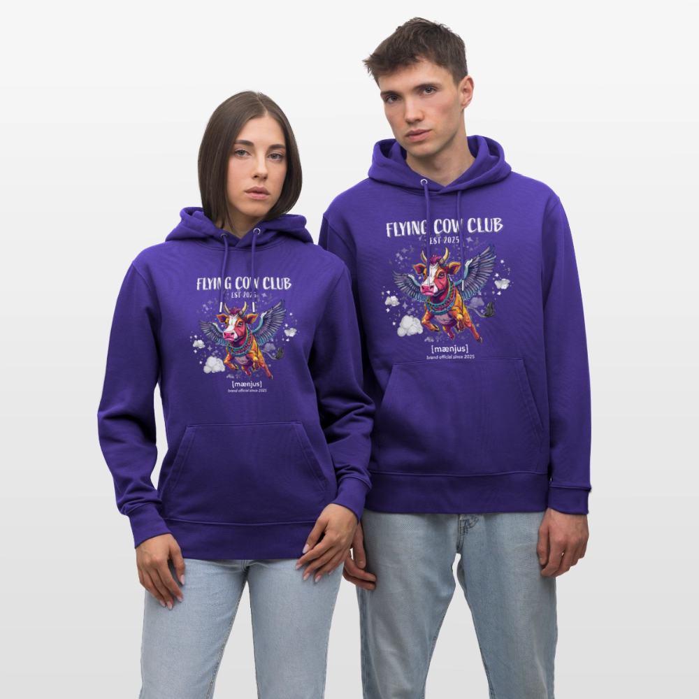 Unisex Bio-Hoodie mit FLYING COW CLUB PRINT Vorderseite - Purple Love 