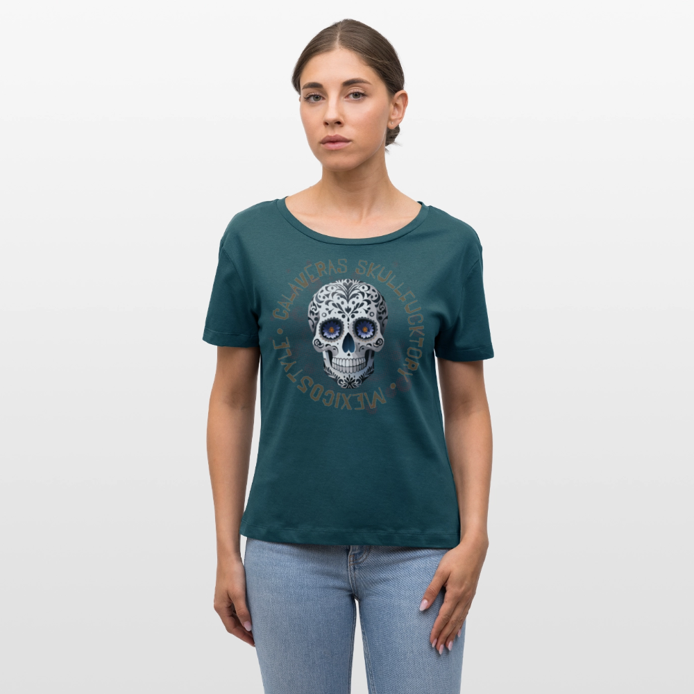 Frauen T-Shirt mit CALAVERAS SKULL PRINT - Dunkles Petrol