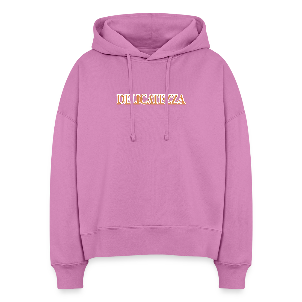 Boxy Frauen Bio Hoodie mit DELIKATEZZA SARDINE PRINT Vorder- und RÜCKSEITE - Pink