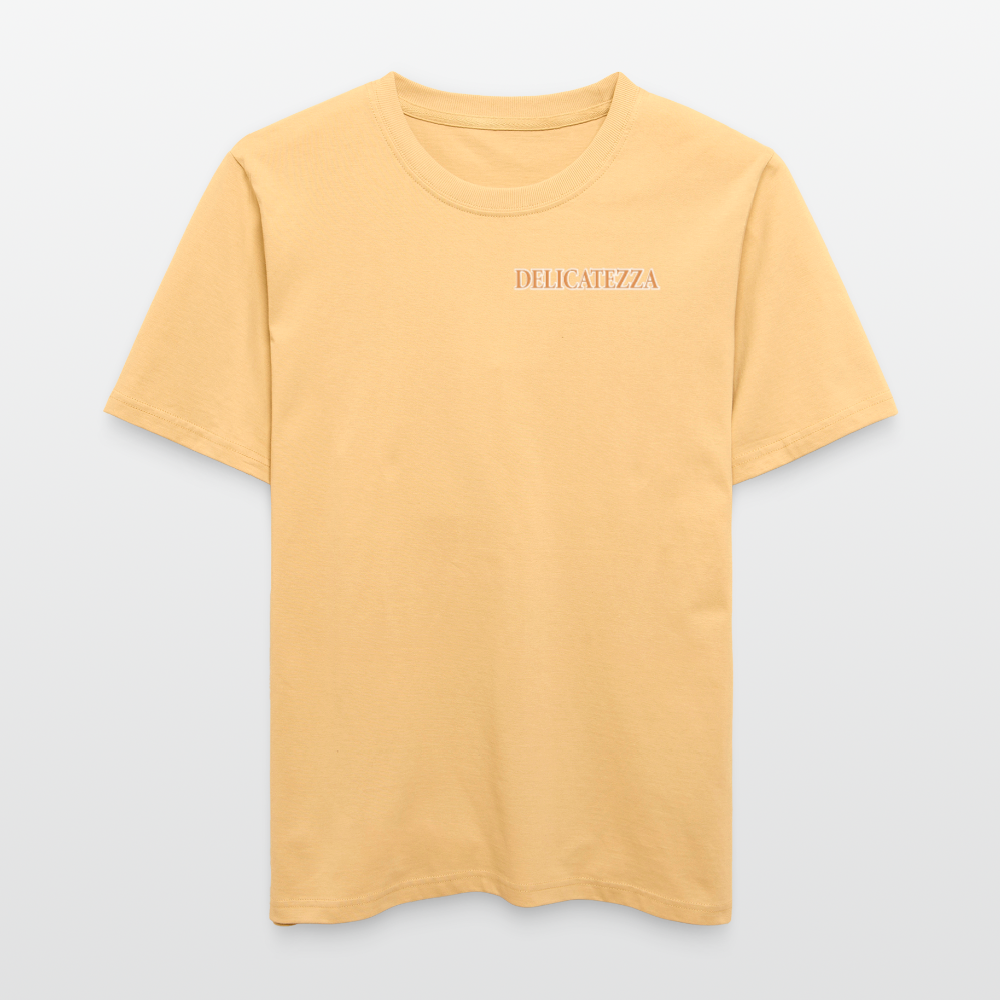 Relaxed Fit Unisex Bio-T-Shirt mit DELICATEZZA SARDINE PRINT Vorder- und Rückseite - Hellgelb
