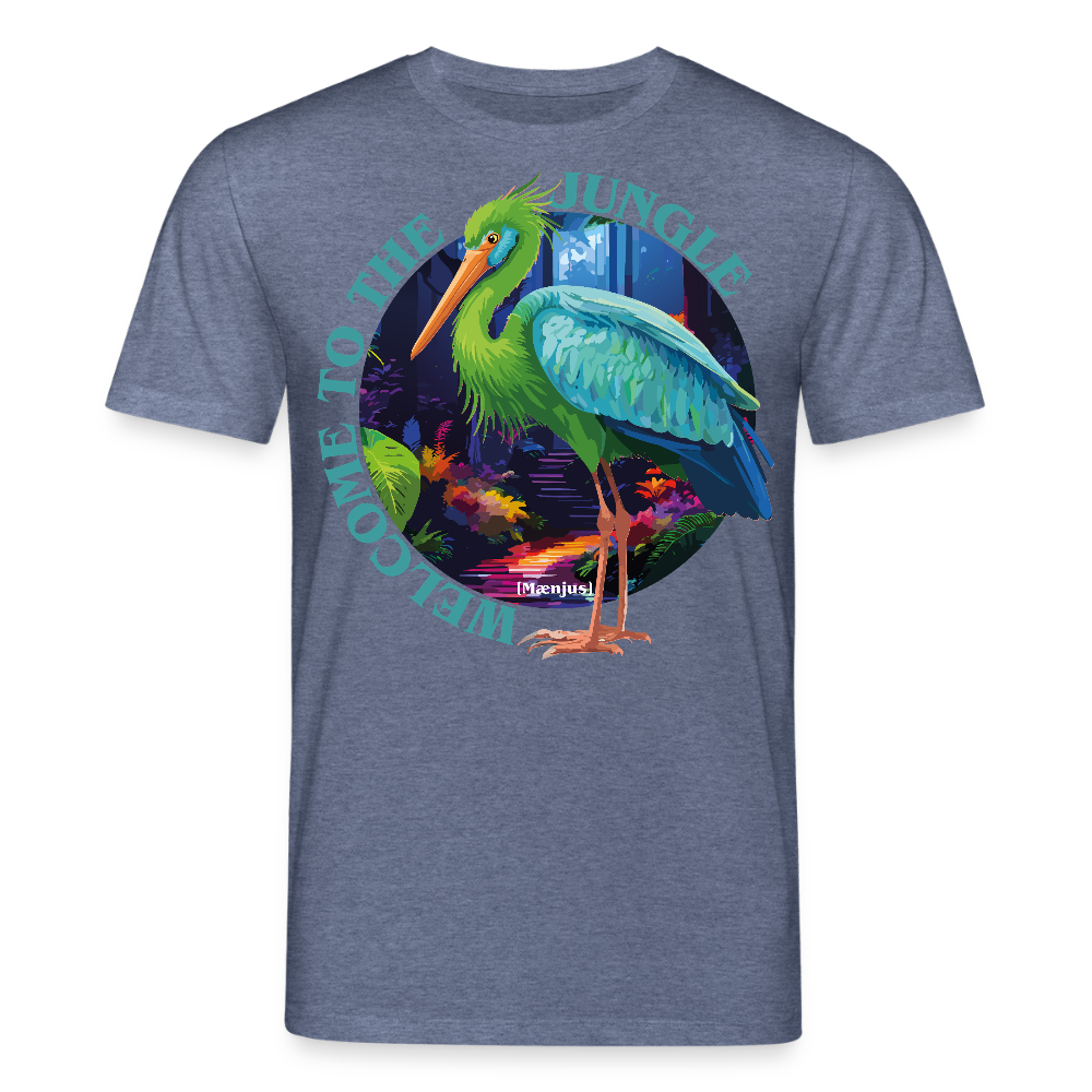 Unisex Bio-T-Shirt mit WELCOME TO THE JUNGLE PRINT Vorderseite - Dunkelblau meliert