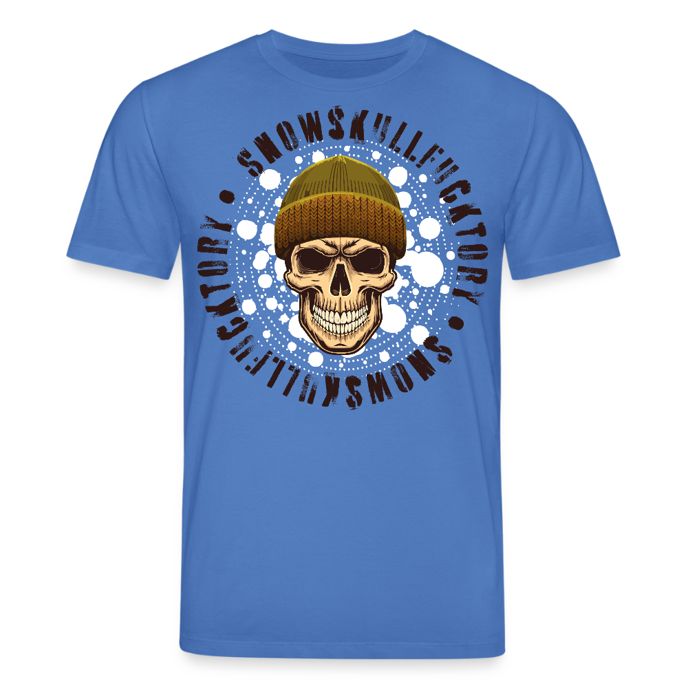 Unisex Bio-T-Shirt mit SNOWSKULL FUCKTORY PRINT Vorderseite - Achtsames Blau