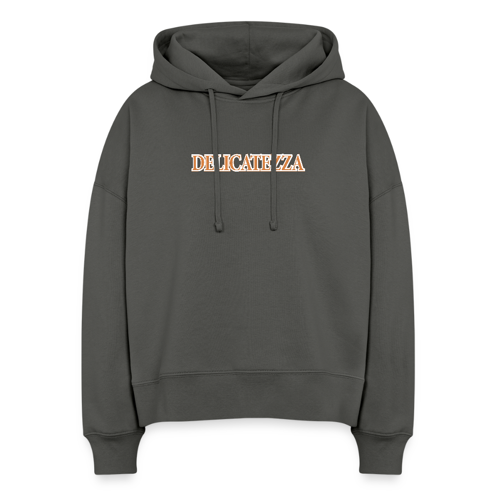 Boxy Frauen Bio Hoodie mit DELIKATEZZA SARDINE PRINT Vorder- und RÜCKSEITE - Anthrazit