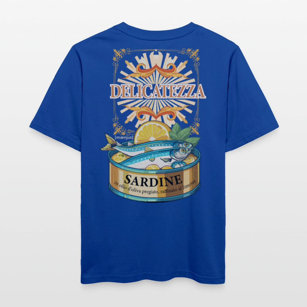 Relaxed Fit Unisex Bio-T-Shirt mit DELICATEZZA SARDINE PRINT Vorder- und Rückseite - Dunkelblau