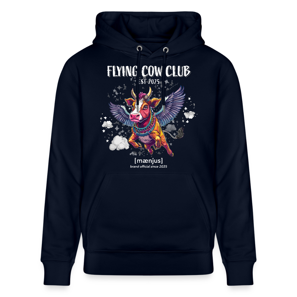Unisex Bio-Hoodie mit FLYING COW CLUB PRINT Vorderseite - Navy