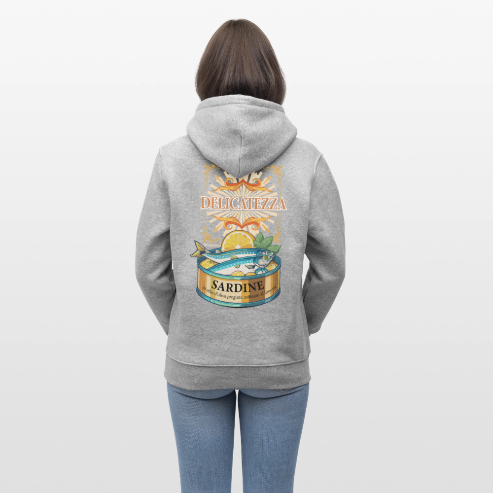 Unisex Hoodie mit DELICATEZZA SARDINE PRINT Vorder- und Rückseite - Grau meliert
