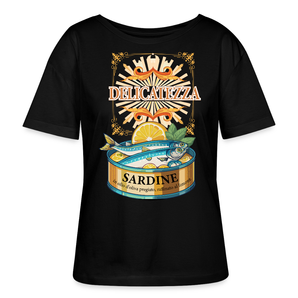 Rundhals Frauen Bio-T-Shirt mit DELICATEZZA SARDINE PRINT Vorderseite - Schwarz