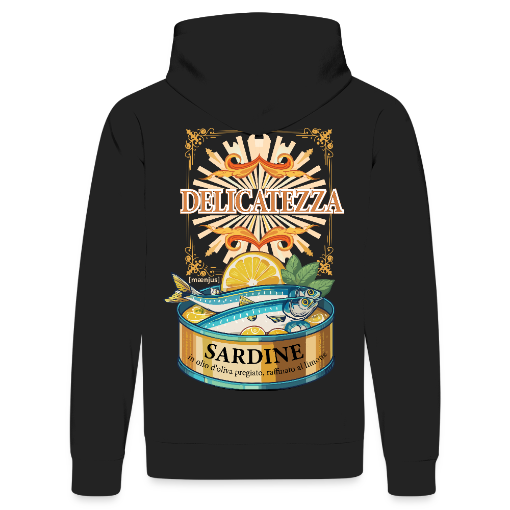 Unisex Bio-Hoodie mit DELICATEZZA SARDINE PRINT Vorder- und Rückseite - Schwarz