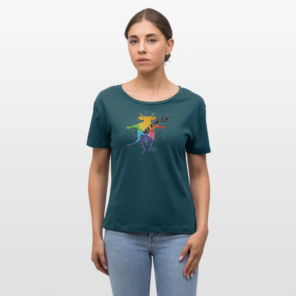 Frauen T-Shirt mit LÄD THE KUH FLY PRINT - Dunkles Petrol