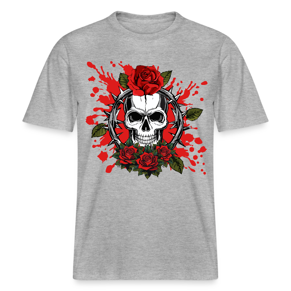 Relaxed Fit Unisex Bio-T-Shirt mit  ROSEN SKULL PRINT Vorderseite - Grau meliert