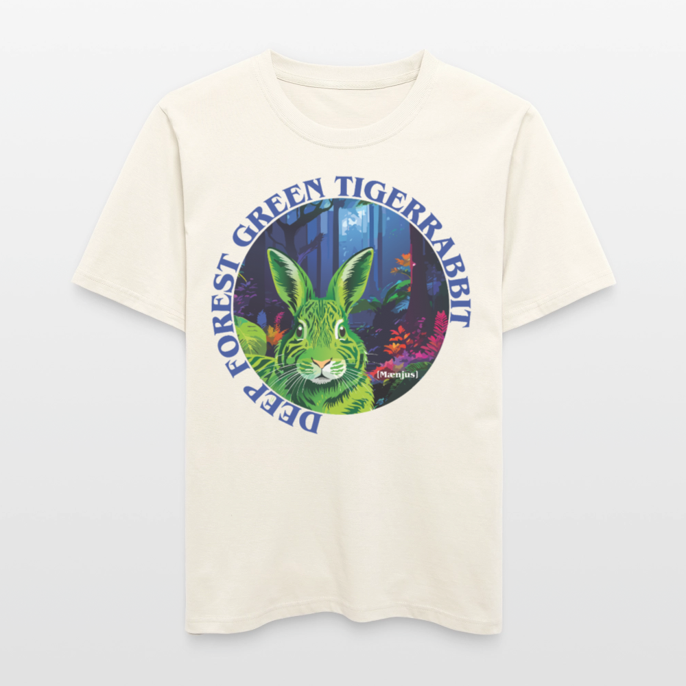 Relaxed Fit Unisex Bio-T-Shirt mit DEEP FOREST GREEN TIGERRABBIT PRINT Vorderseite - Naturweiß 