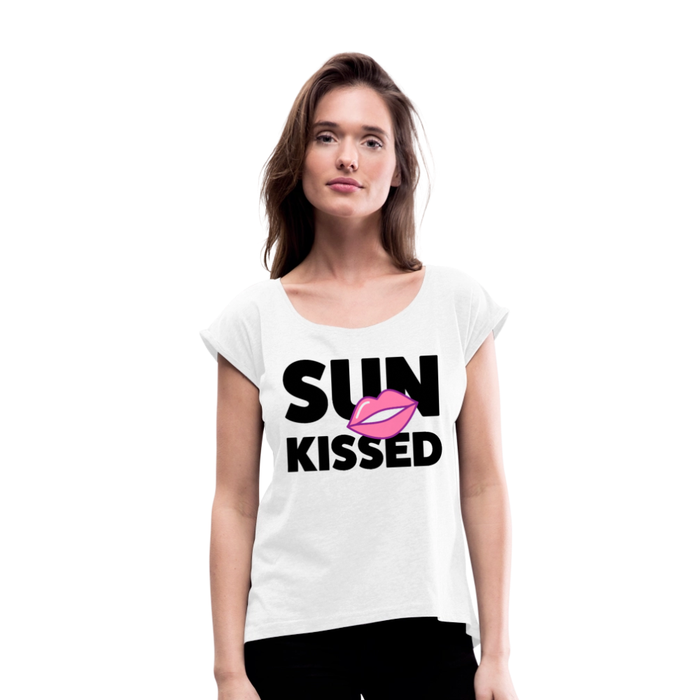 Frauen T-Shirt mit gerollten Ärmeln mit SUN KISSED PRINT - Weiß
