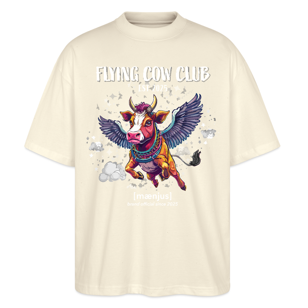 Oversized Unisex Bio T-Shirt mit FLYING COW CLUB PRINT Vorderseite - Weißgrau