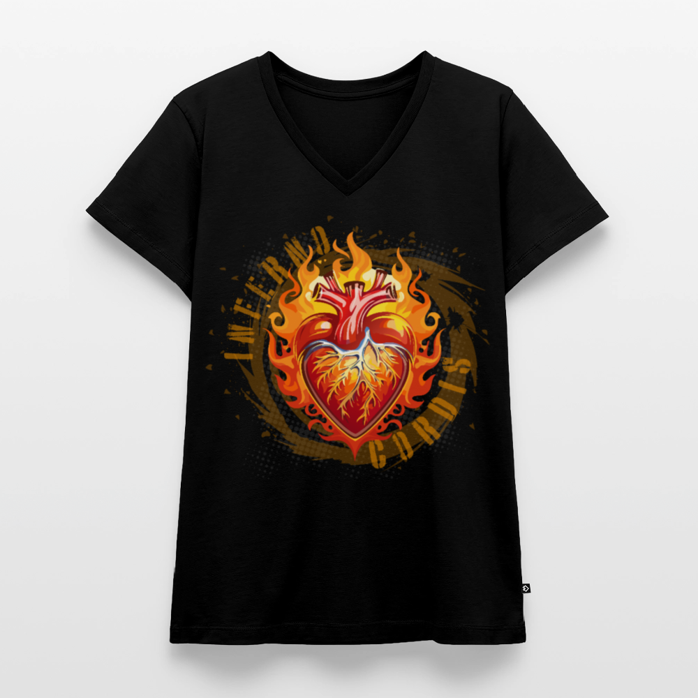 Frauen Bio-T-Shirt mit V-Ausschnitt mit FEUERHERZ PRINT - Schwarz