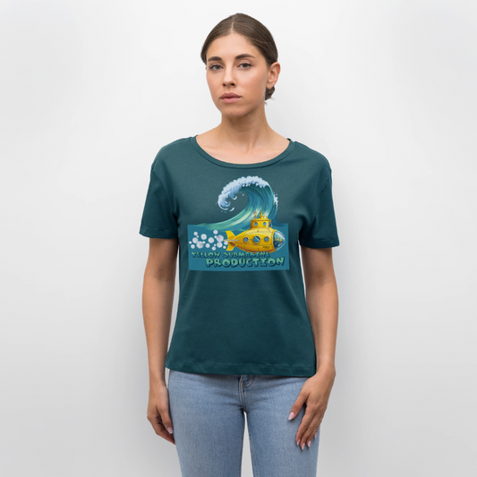 Relaxed Rundhals Frauen Bio-T-Shirt mit YELLOW SUBMARINE PRODUCTION PRINT - Dunkles Petrol