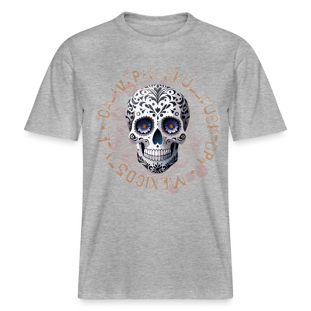 Relaxed Fit Unisex Bio-T-Shirt mit CALAVERAS SKULL PRINT Vorderseite - Grau meliert