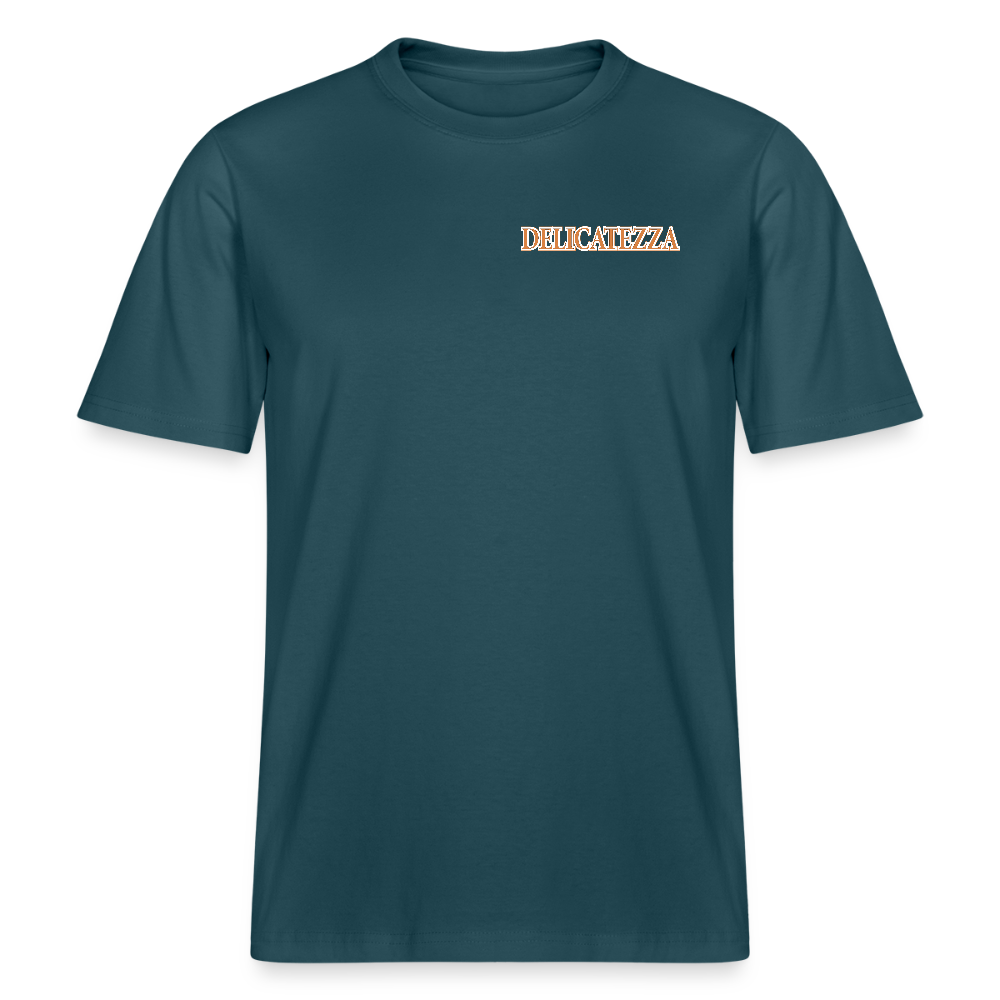 Relaxed Fit Unisex Bio-T-Shirt mit DELICATEZZA SARDINE PRINT Vorder- und Rückseite - Dunkles Petrol