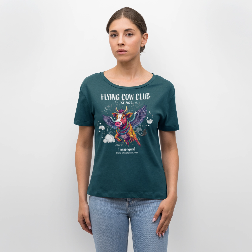 Relaxed Rundhals Frauen Bio-T-Shirt mit FLYING COW CLUB PRINT - Dunkles Petrol