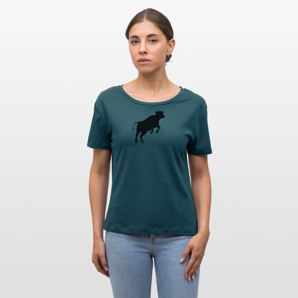 Frauen T-Shirt mit JUMPING COW PRINT - Dunkles Petrol