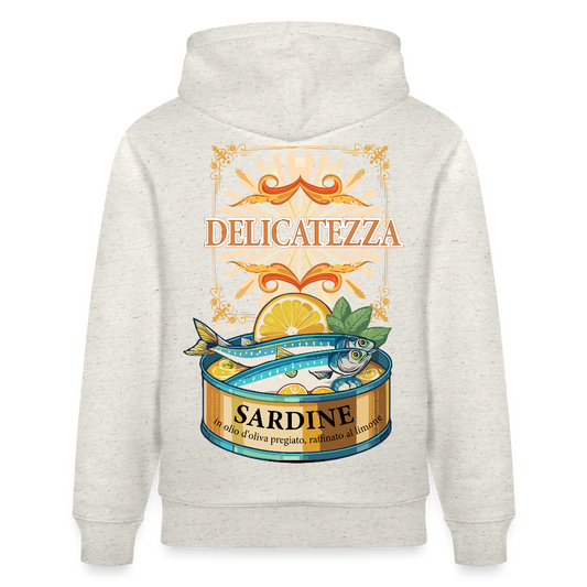 Unisex Hoodie mit DELICATEZZA SARDINE PRINT Vorder- und Rückseite - Beige meliert