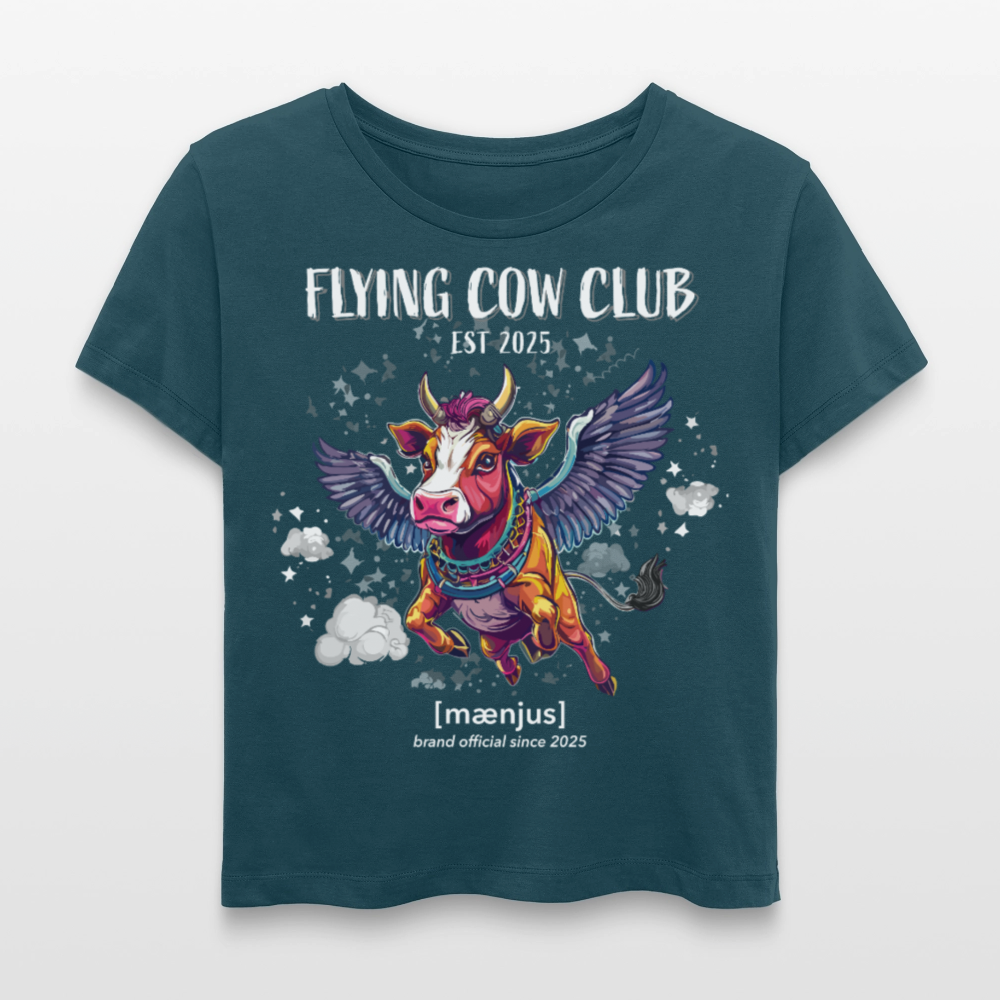 Relaxed Rundhals Frauen Bio-T-Shirt mit FLYING COW CLUB PRINT - Dunkles Petrol