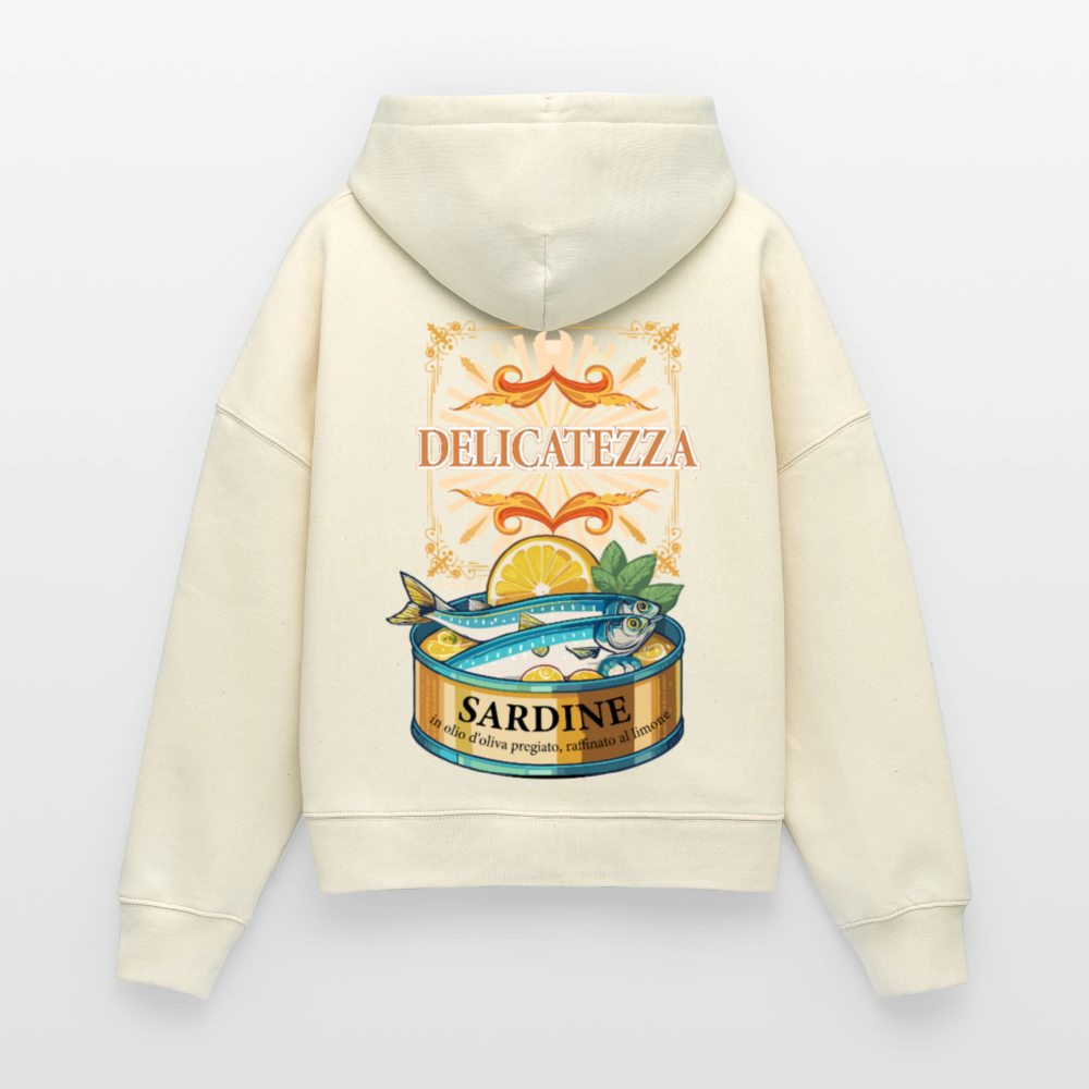 Boxy Frauen Bio Hoodie mit DELIKATEZZA SARDINE PRINT Vorder- und RÜCKSEITE - Weißgrau