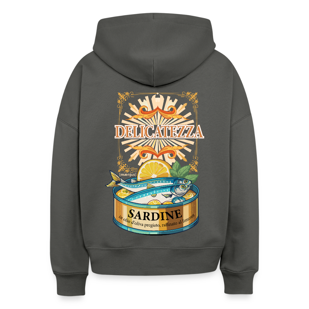 Boxy Frauen Bio Hoodie mit DELIKATEZZA SARDINE PRINT Vorder- und RÜCKSEITE - Anthrazit