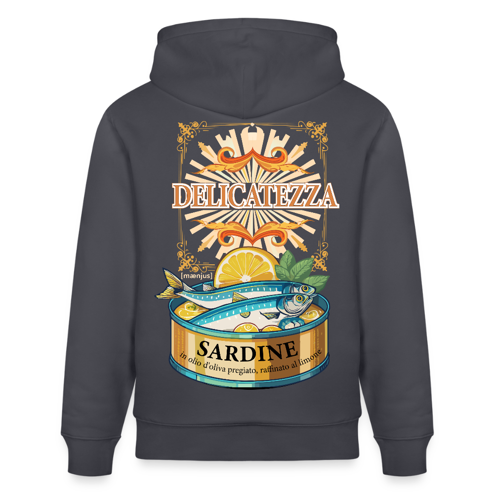 Unisex Hoodie mit DELICATEZZA SARDINE PRINT Vorder- und Rückseite - Indigoblau