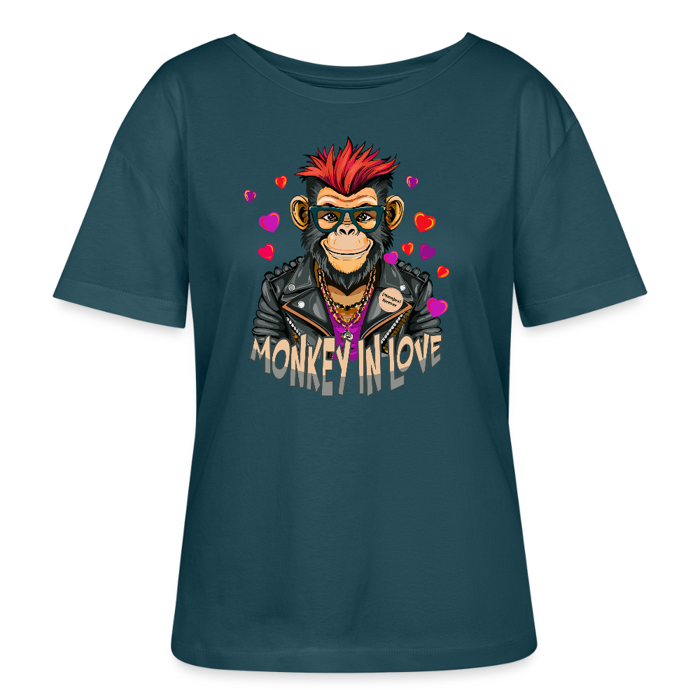 Frauen T-Shirt mit MONKEY IN LOVE PRINT - Dunkles Petrol
