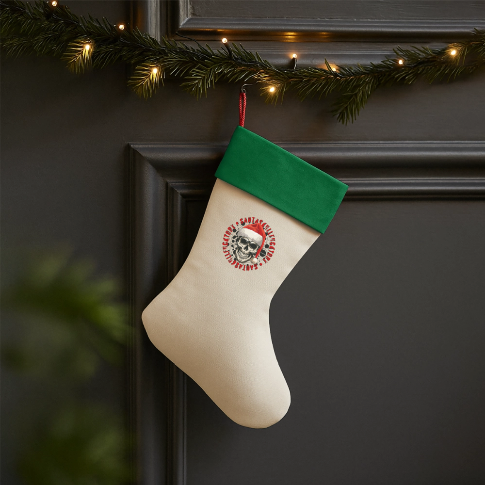 Leinen Weihnachtsstrumpf mit SANTASKULL PRINT - Natur/Grün
