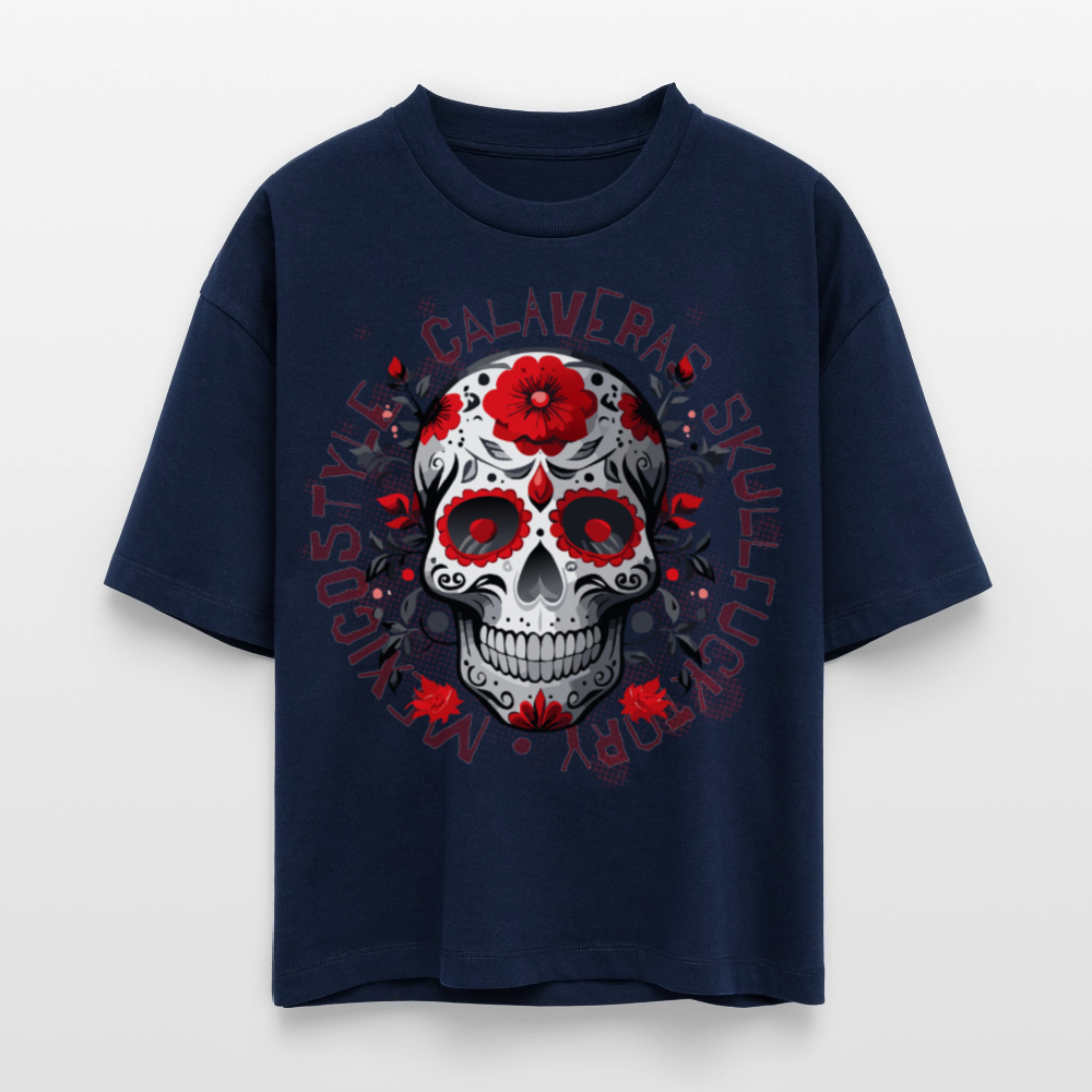 Frauen Boxy Bio-T-Shirt mit CALAVERAS SKULL PRINT - Navy