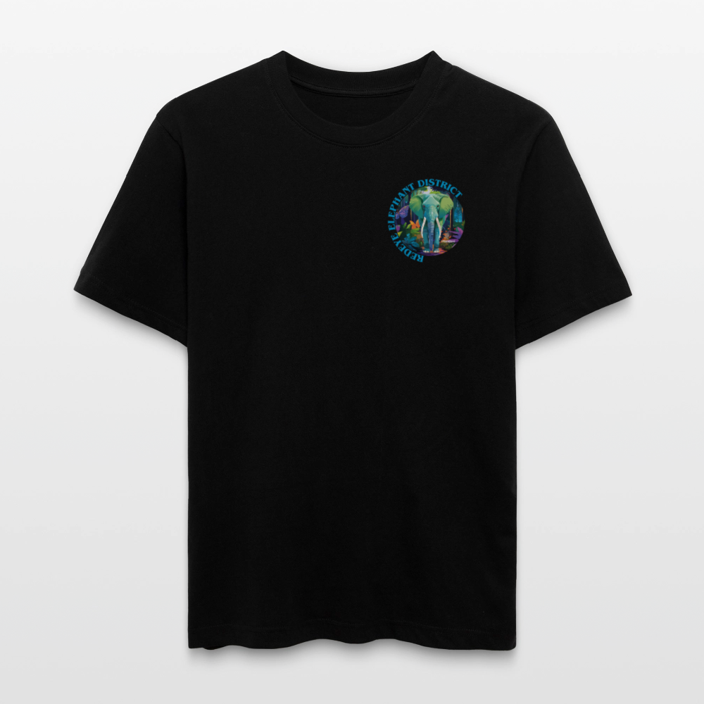 Relaxed Fit Unisex Bio-T-Shirt mit REDEYE ELEPHANT DISTRICT PRINT Vorder- und Rückseite - Schwarz