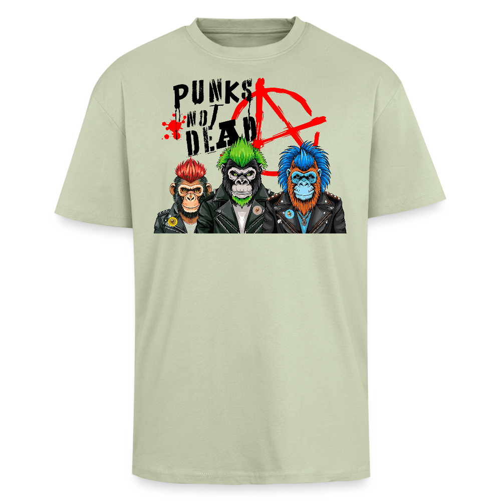 Heavy Oversize T-Shirt mit PUNKS NOT DEAD PRINT - Leichtes Salbeigrün 