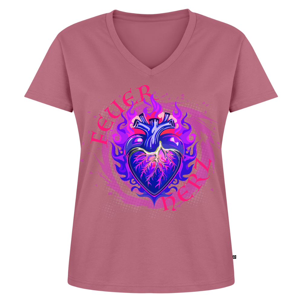 Frauen Bio-T-Shirt mit V-Ausschnitt mit FEUERHERZ LILA PRINT - Mauve