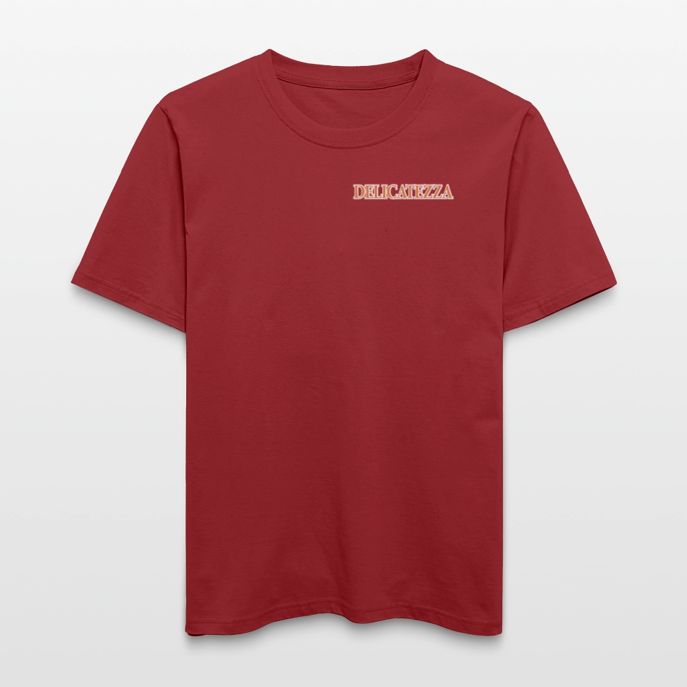 Relaxed Fit Unisex Bio-T-Shirt mit DELICATEZZA SARDINE PRINT Vorder- und Rückseite - Erdrot