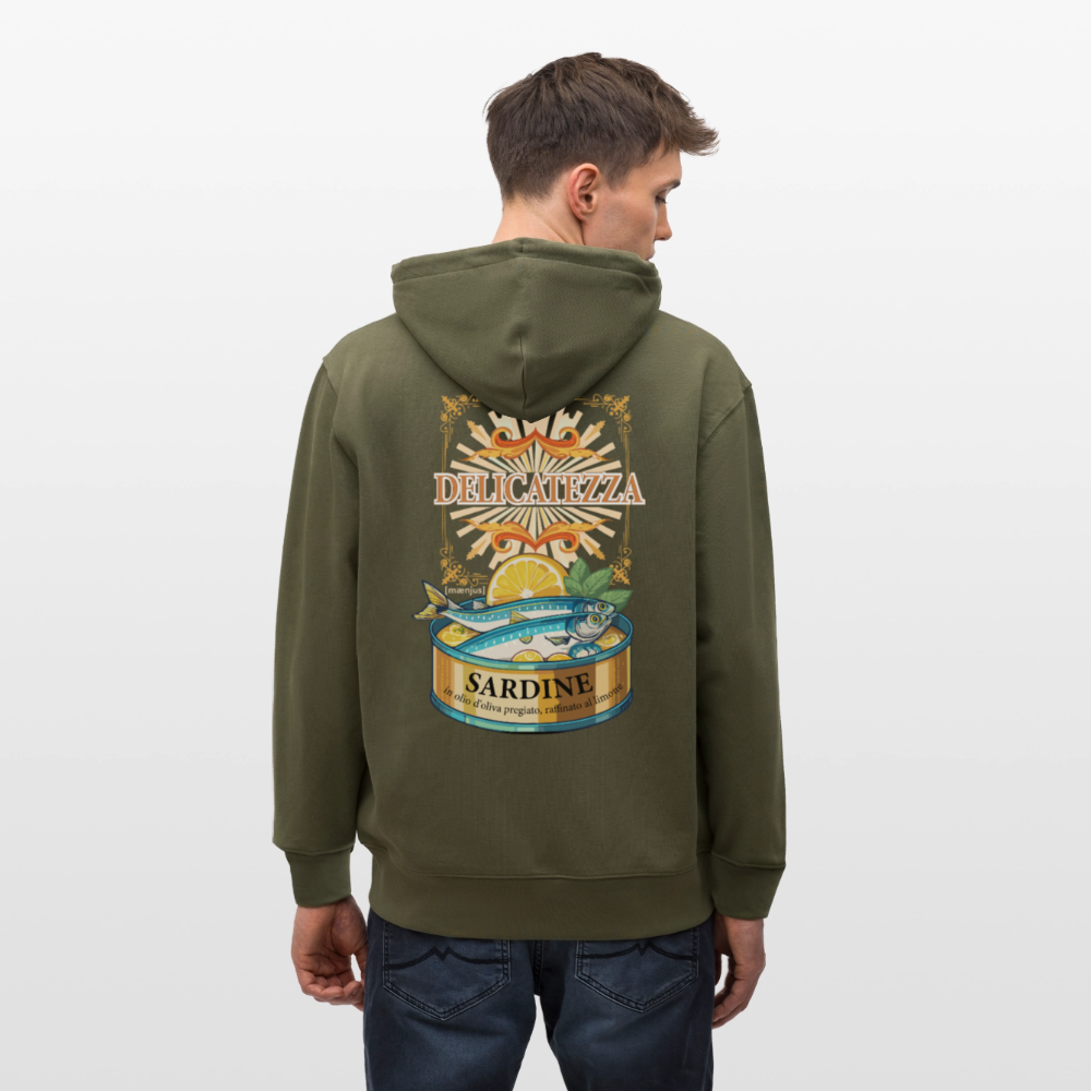 Unisex Bio-Kapuzenjacke mit DELICATEZZA PRINT Rückseite - Khaki