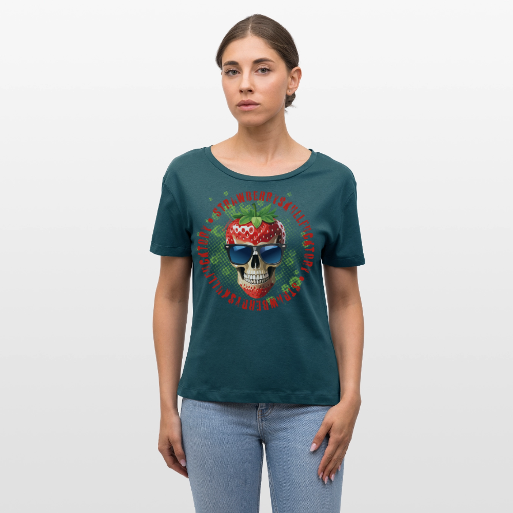 Frauen T-Shirt mit STRAWBERRY SKULL PRINT - Dunkles Petrol