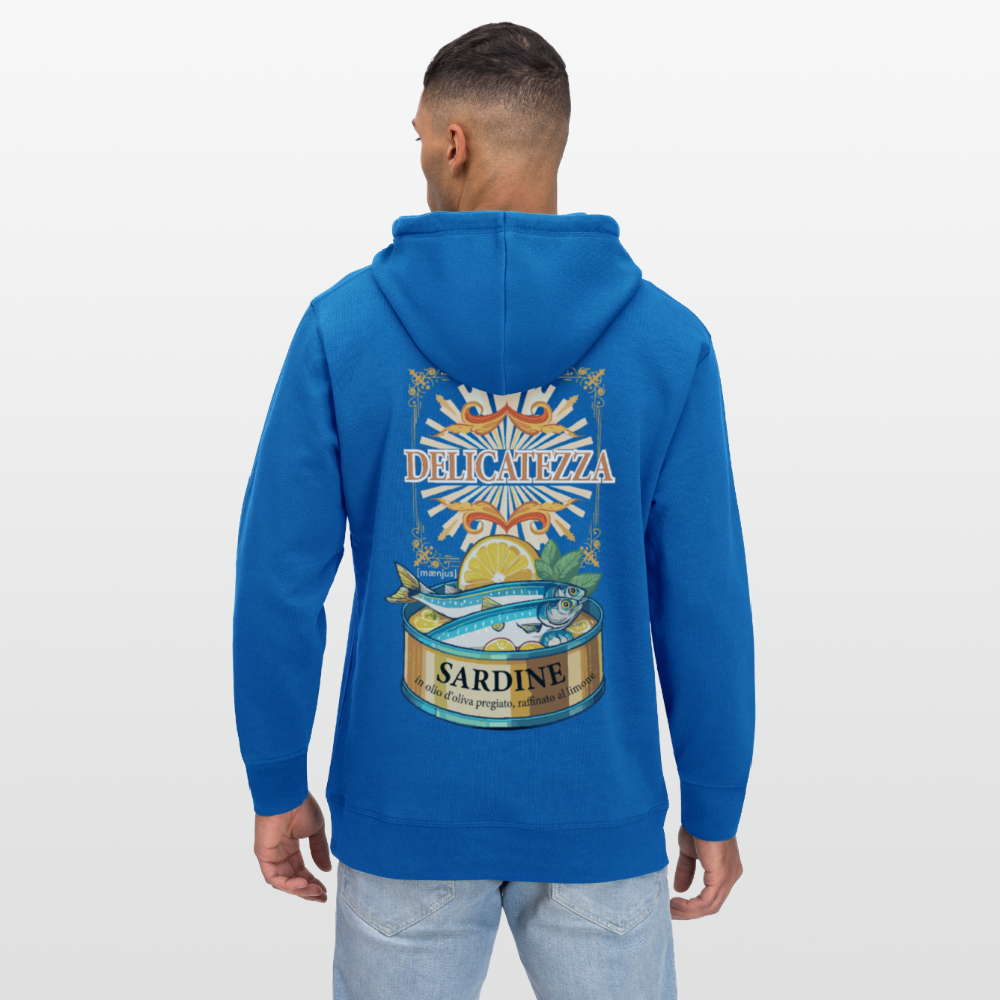 Unisex Bio-Hoodie mit DELICATEZZA SARDINE PRINT Vorder- und Rückseite - Königsblau