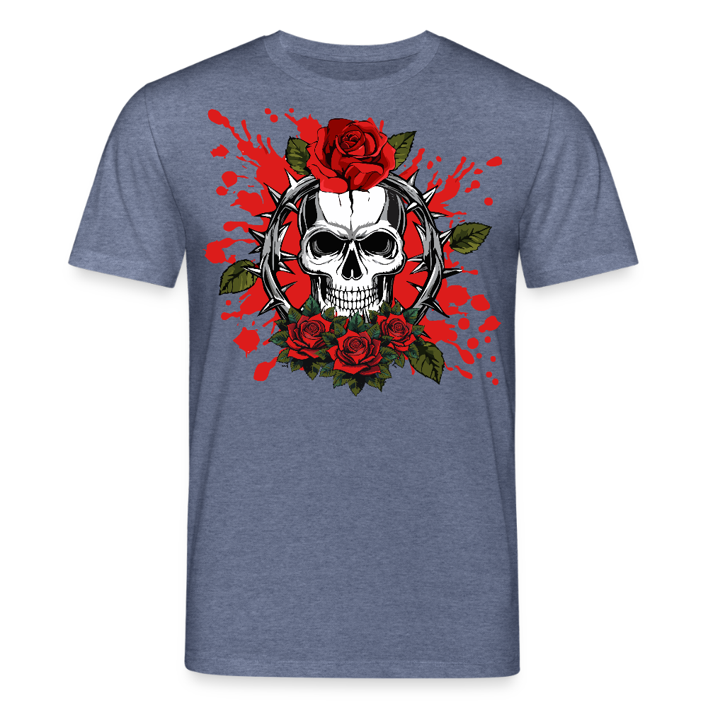 Unisex Bio-T-Shirt mit ROSEN SKULL PRINT Vorderseite - Dunkelblau meliert